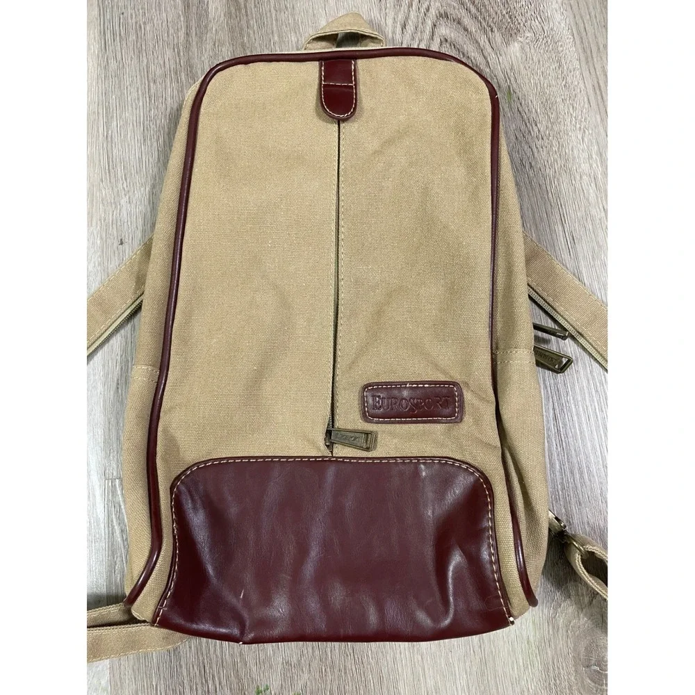 Eurosport Canvas‎ Sling Backpack Tan Brown Faux Leather Zip Vintage Travel